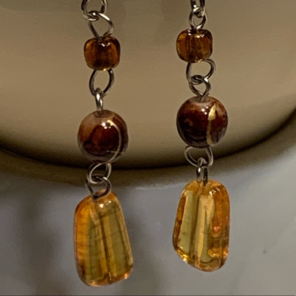 Handcrafted/Artisan brown & gold glass beads, Amber dangle earrings